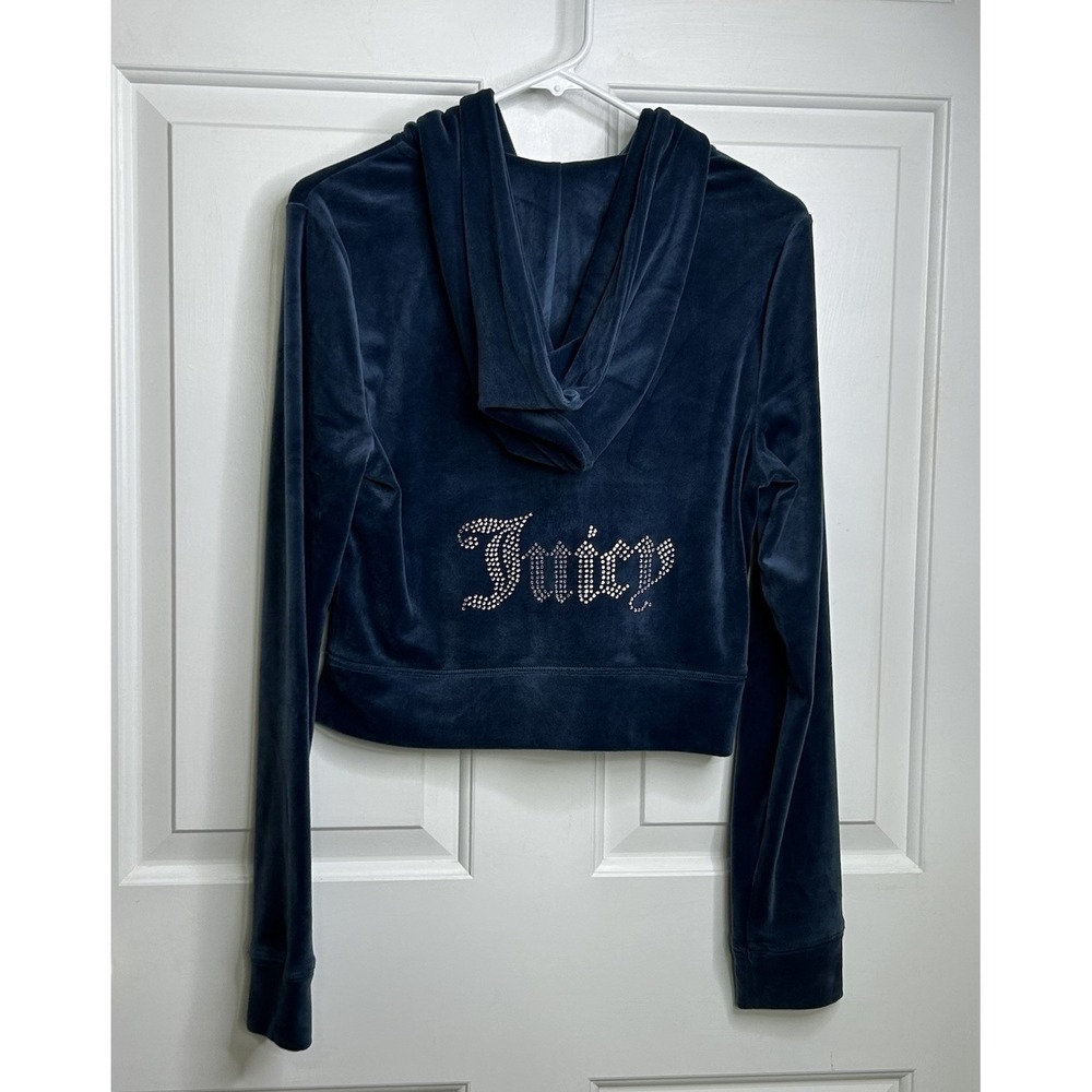 JUICY COUTURE Velour Hoodie Womens Medium Rhinestone Bling Blue Y2K Full Zip